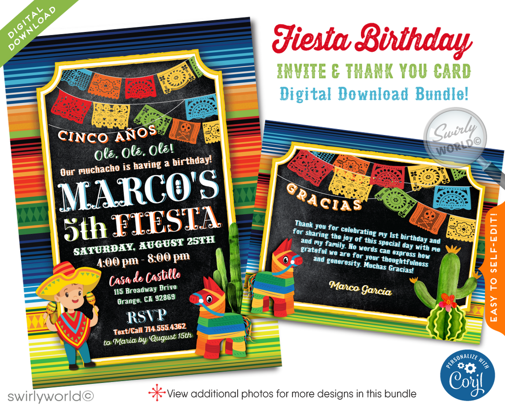 Vintage Papel Picado Paper Flags Mexican Fiesta Boy's Printed Birthday Invitations