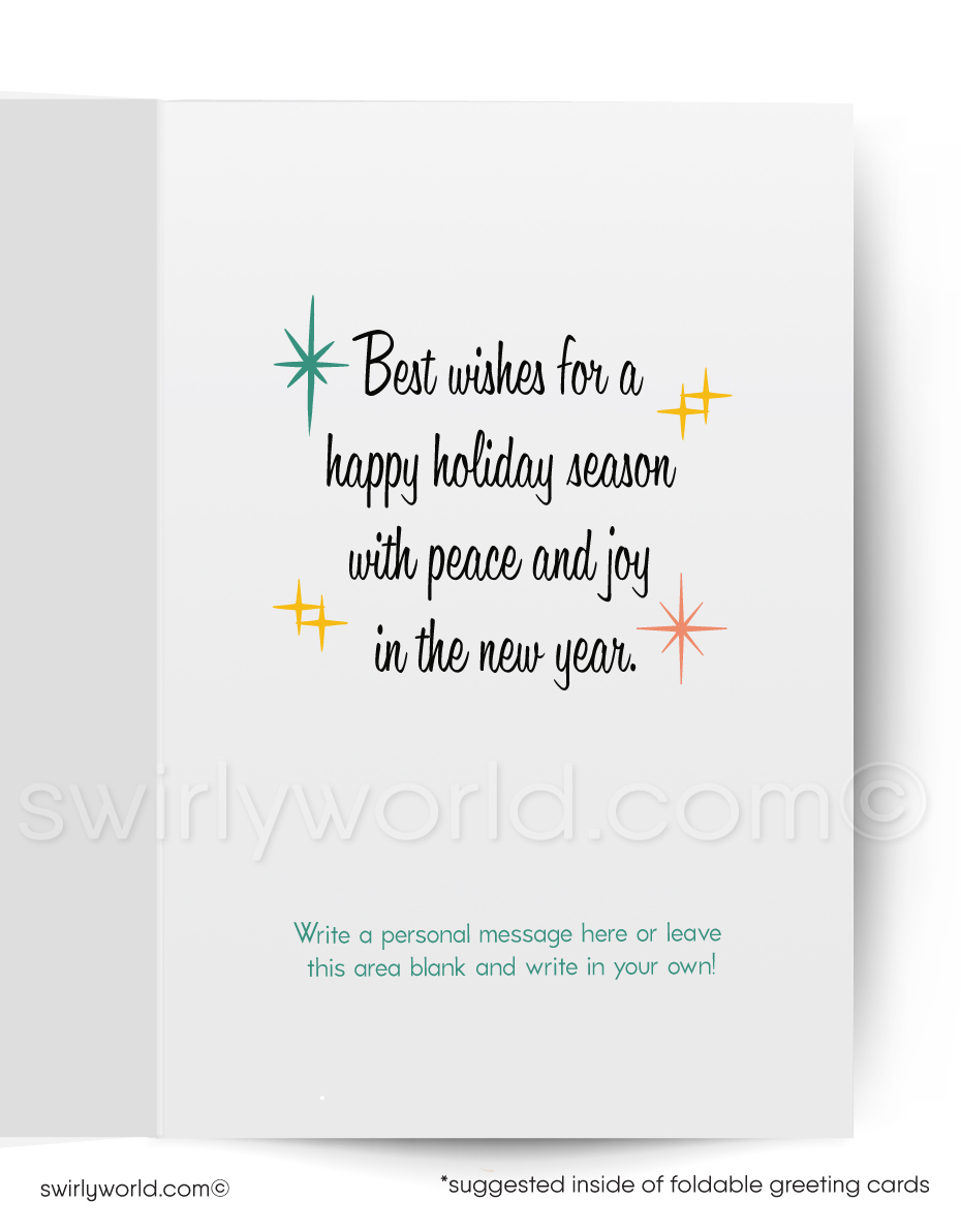 Holiday card with a pink house illustration and 'Happy Holidays' text on a teal background.