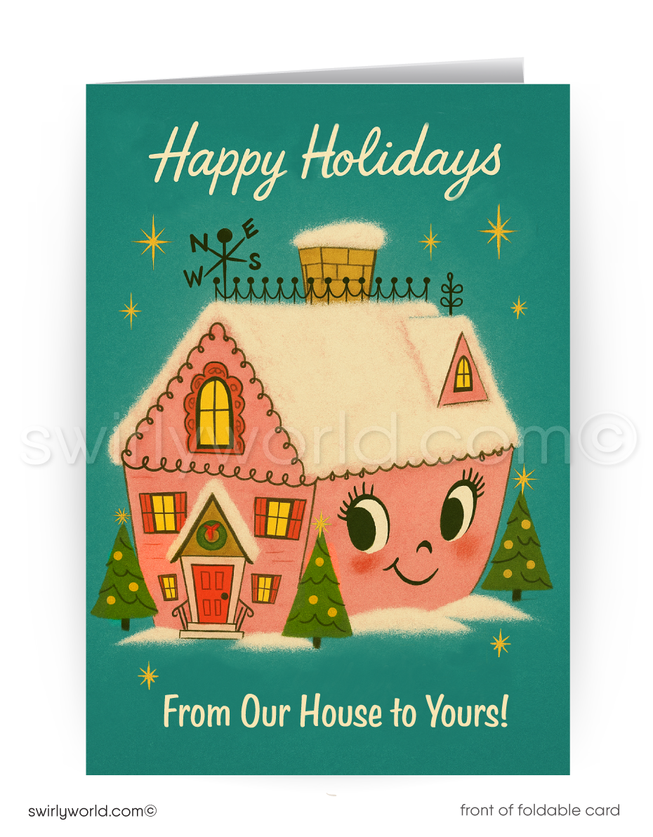 Holiday card with a pink house illustration and 'Happy Holidays' text on a teal background.