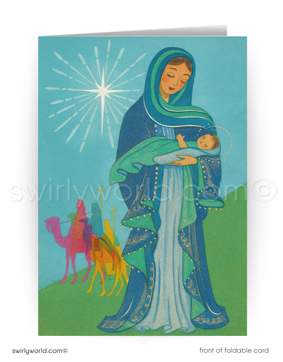 Vintage Christmas Card – Mid-Century Modern Guadalupe Virgin Mary Aqua Green Design