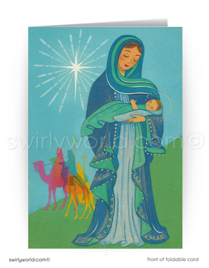 Vintage Christmas Card – Mid-Century Modern Guadalupe Virgin Mary Aqua Green Design