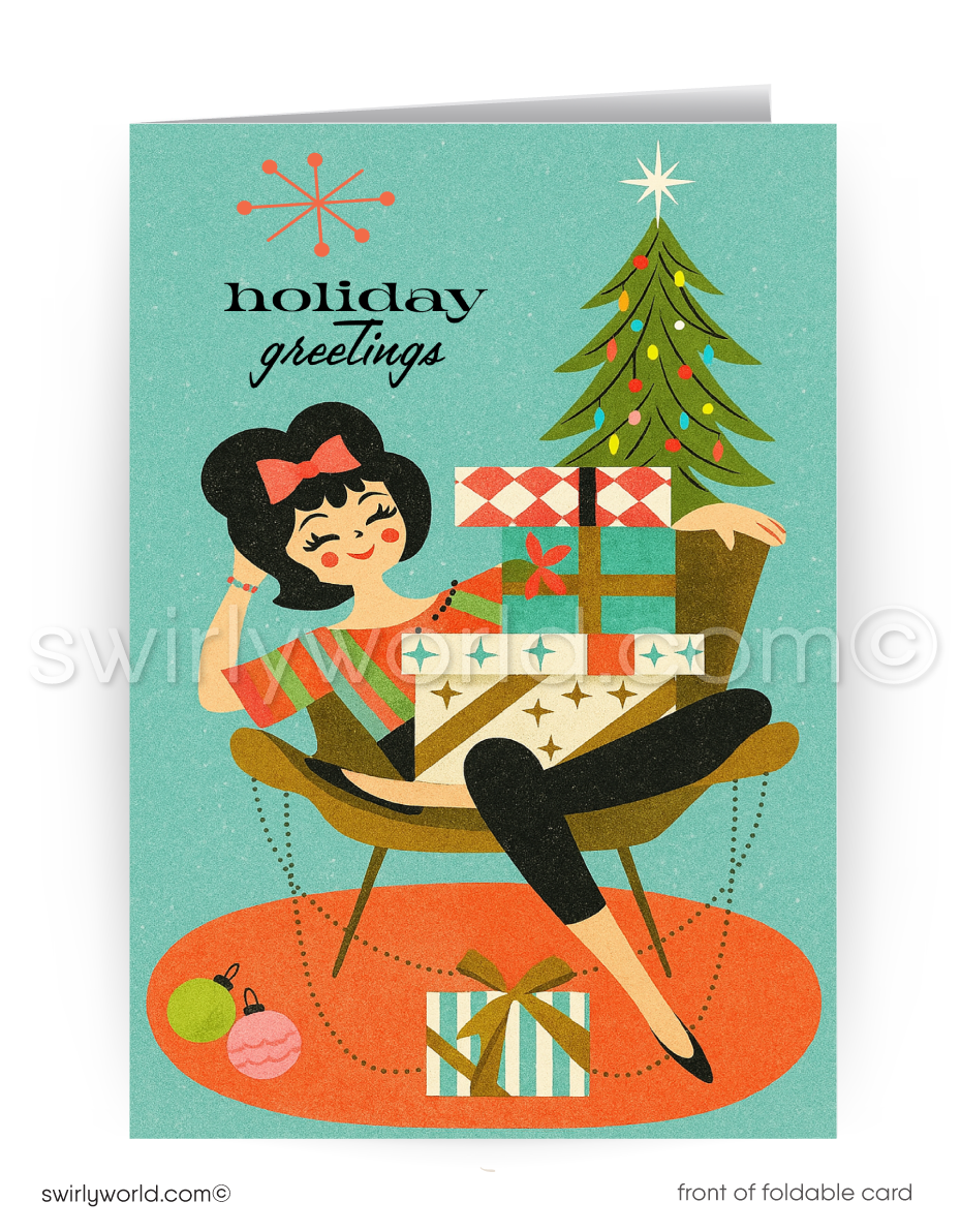 Vintage-style holiday card with a woman sitting in a chair surrounded by presents and a Christmas tree.