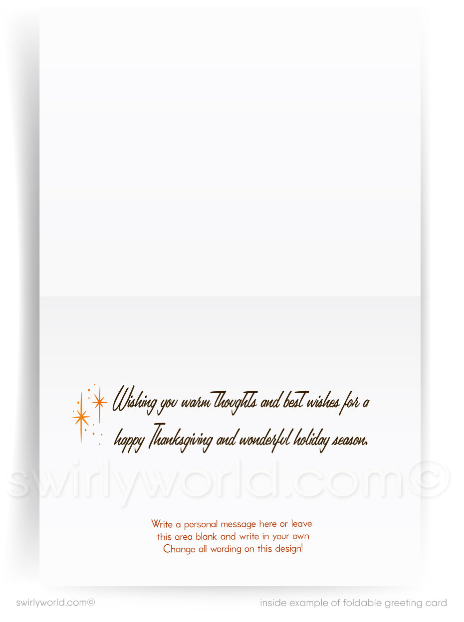 Thanksgiving greeting card with cornucopia, fruits, and vegetables on a beige background.