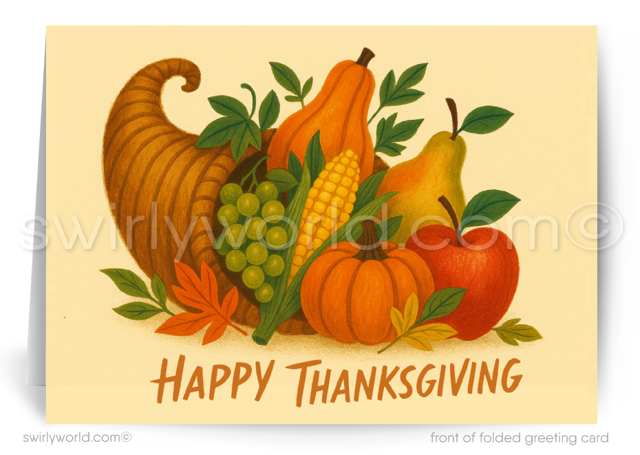 Thanksgiving greeting card with cornucopia, fruits, and vegetables on a beige background.