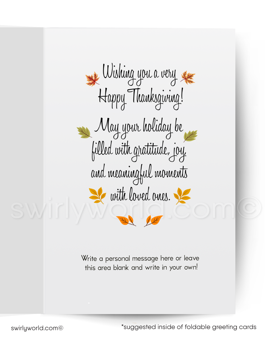 Vintage-style Thanksgiving card with a woman lighting a candle over a table set for dinner.