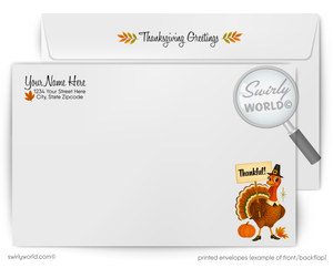 Thanksgiving-themed printed envelope with a turkey design and Swirly World branding.