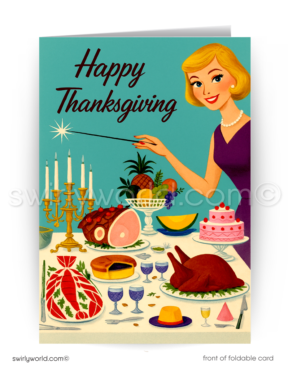 Vintage-style Thanksgiving card with a woman lighting a candle over a table set for dinner.