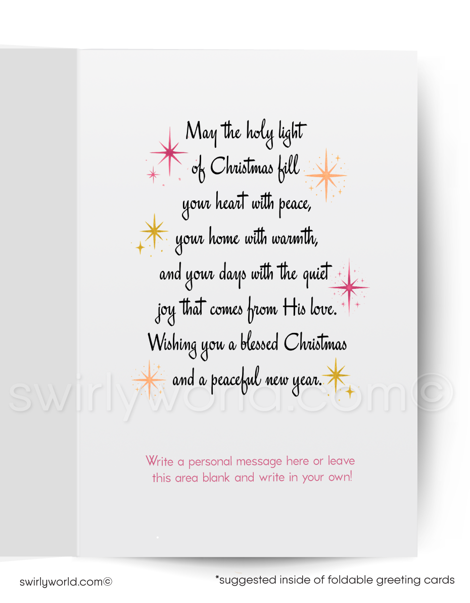 Christmas card with a pink background, cathedral silhouette, and 'Joy to the World' text.