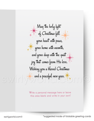 Christmas card with decorative text and stars on a white background
