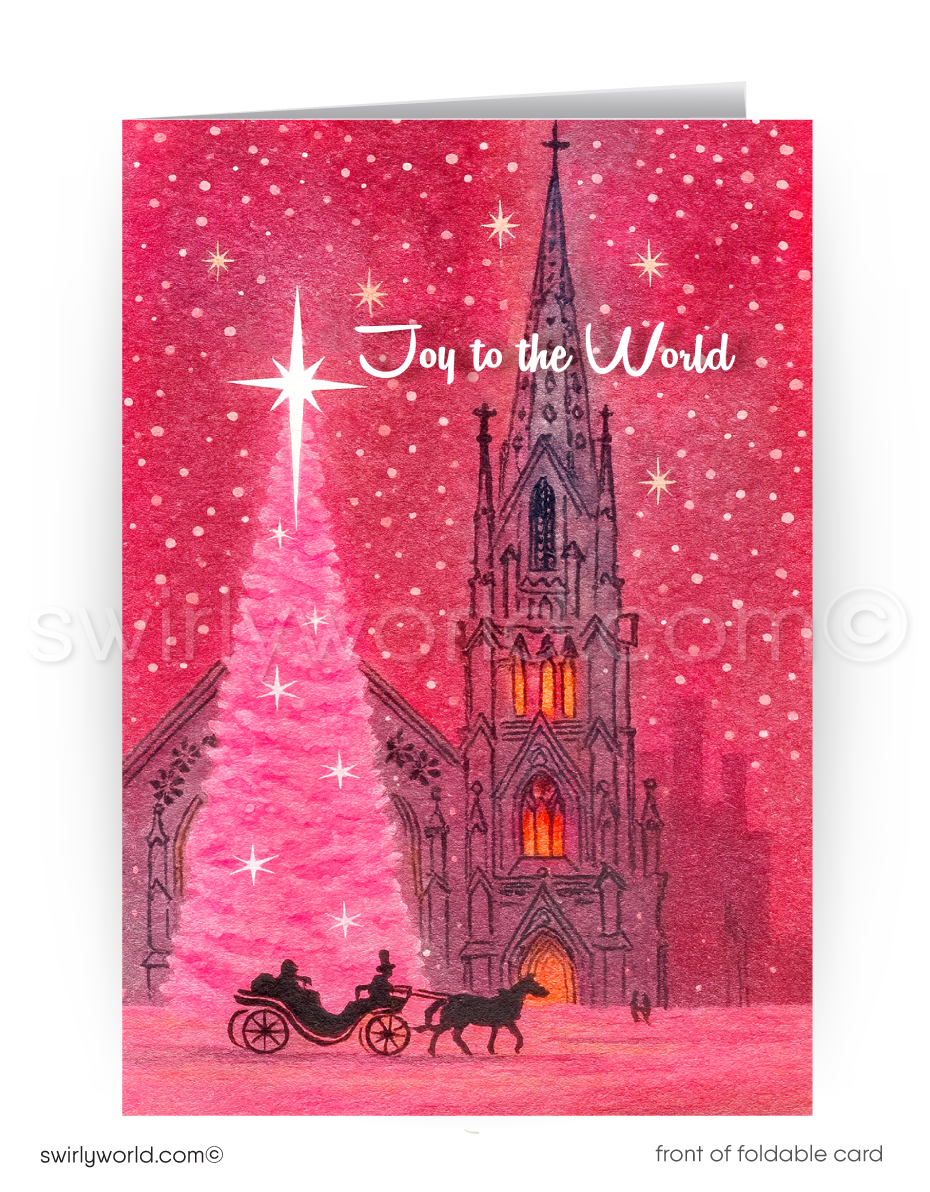 Christmas card with a pink background, cathedral silhouette, and 'Joy to the World' text.