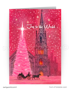 Christmas card with a pink background, cathedral silhouette, and 'Joy to the World' text.