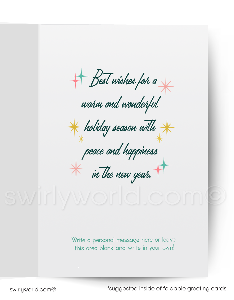Christmas card with a pink house, snowman, and sleigh on a teal background