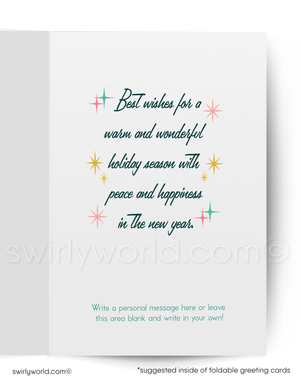 Holiday greeting card with festive text and star decorations on a white background