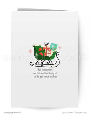 Backside of a foldable card with a Christmas design featuring a sleigh and presents.