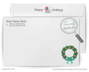 Printed envelopes with Swirly World branding and a wreath design.