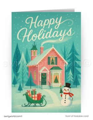 Christmas card with a pink house, snowman, and sleigh on a teal background