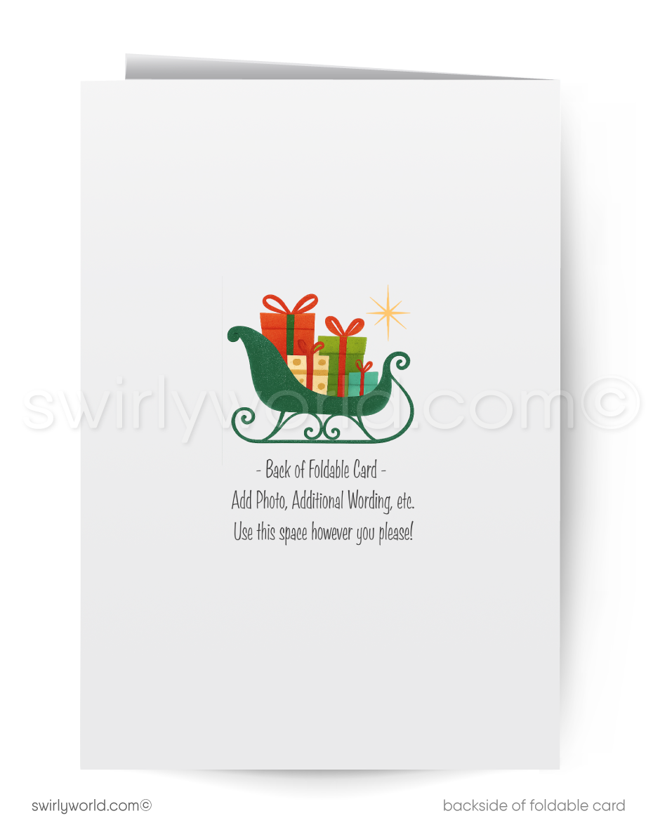 Backside of a Christmas card with a sleigh carrying presents on a white background