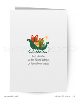 Backside of a Christmas card with a sleigh carrying presents on a white background