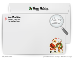 Christmas-themed letterhead with Santa Claus and reindeer, Swirly World logo, and 'Happy Holidays' text.