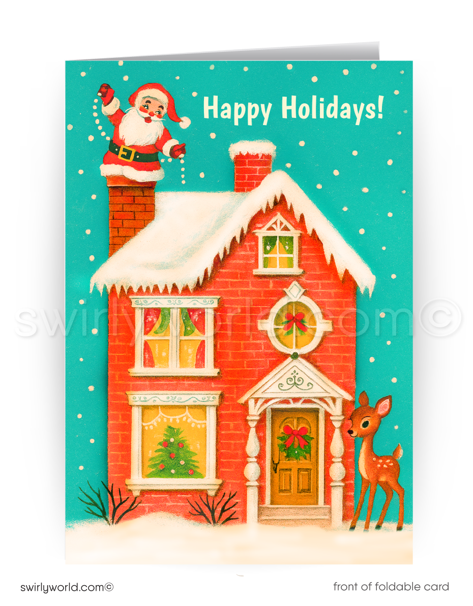 Christmas card with Santa Claus on a roof, house, and deer against a teal background