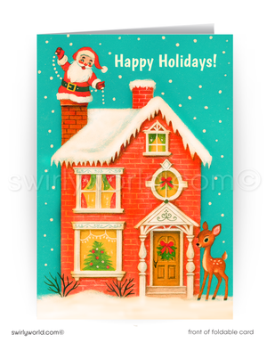 Christmas card with Santa Claus on a roof, house, and deer against a teal background