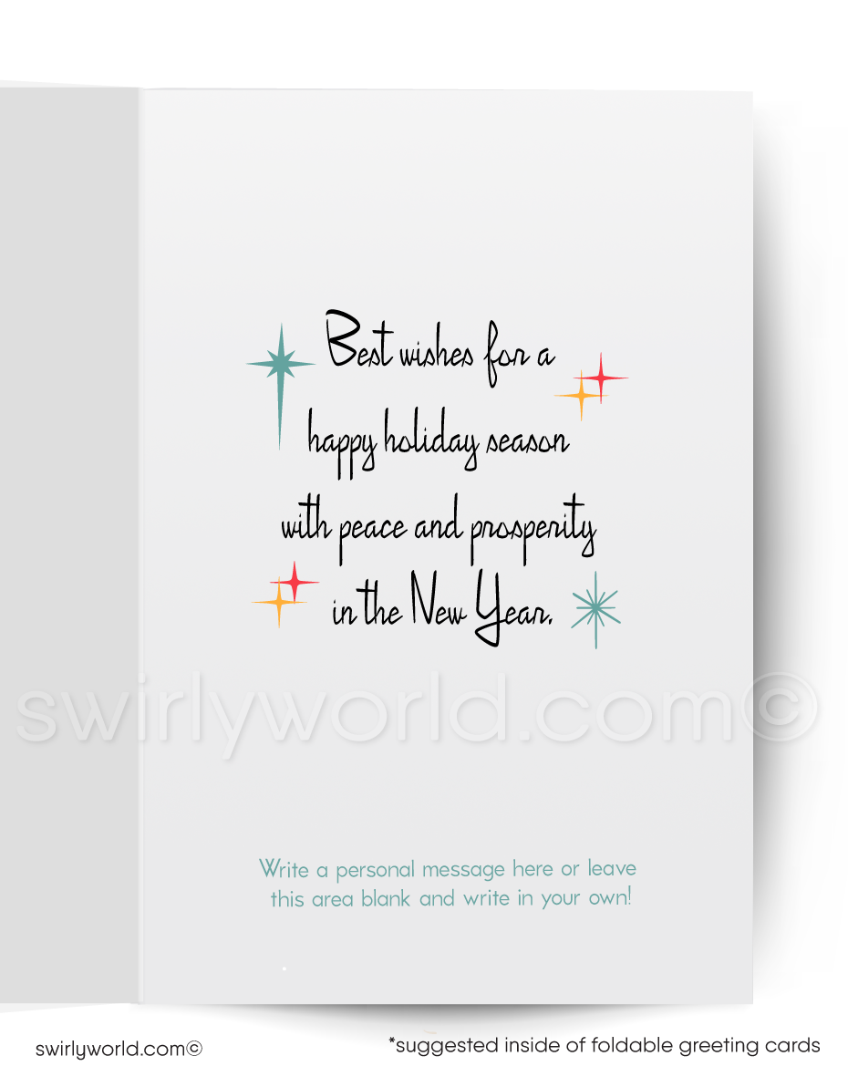 Mid-century modern cityscape in the holiday snow with town center Christmas tree. Vintage holiday greeting cards for men,