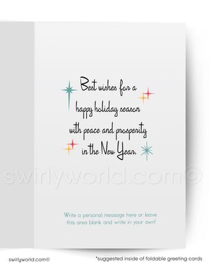 Holiday greeting card with text and decorative stars on a white background