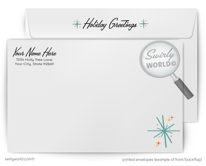 Holiday greeting card with Swirly World logo and envelope design.