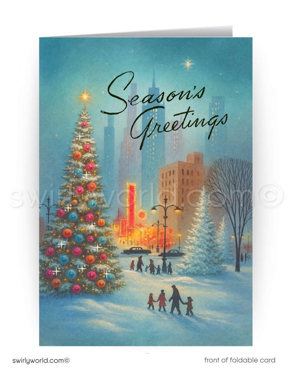Mid-century modern cityscape in the holiday snow with town center Christmas tree. Vintage holiday greeting cards for men,