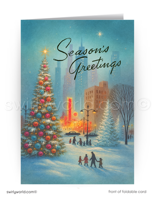 Mid-century modern cityscape in the holiday snow with town center Christmas tree. Vintage holiday greeting cards for men,