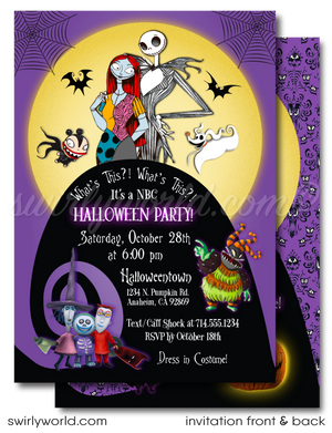 Step into Halloween Town with our spine-chilling Nightmare Before Christmas-themed invitations! Featuring Jack, Sally, and the infamous Oogie Boogie, these customizable invites will set the perfect eerie tone for your NBC Halloween party. Easily personalize and download your design for a SPOOK-tacular celebration!