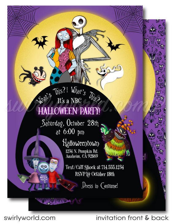 Nightmare Before Christmas Jack and Sally Skellington Halloween Party Printed Invitations