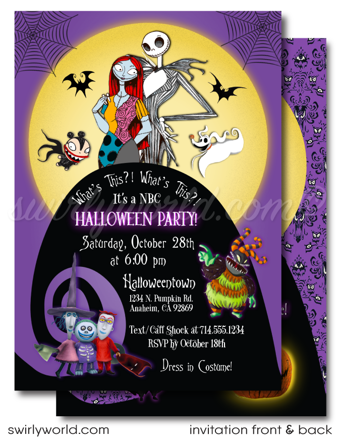 Nightmare Before Christmas Jack and Sally Skellington Halloween Party Printed Invitations