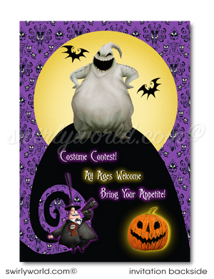 Elevate your Halloween party with our premium printed Nightmare Before Christmas invitations! Featuring Jack Skellington, Sally, and Oogie Boogie, these high-quality invitations and matching envelopes will set the perfect eerie tone for your event. Make your NBC-themed celebration unforgettable with these stunning invites!