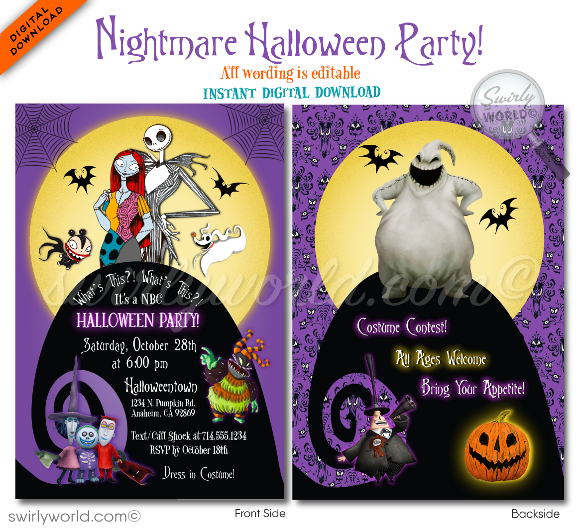 Step into Halloween Town with our spine-chilling Nightmare Before Christmas-themed invitations! Featuring Jack, Sally, and the infamous Oogie Boogie, these customizable invites will set the perfect eerie tone for your NBC Halloween party. Easily personalize and download your design for a SPOOK-tacular celebration!