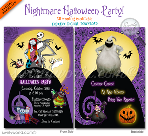 Step into Halloween Town with our spine-chilling Nightmare Before Christmas-themed invitations! Featuring Jack, Sally, and the infamous Oogie Boogie, these customizable invites will set the perfect eerie tone for your NBC Halloween party. Easily personalize and download your design for a SPOOK-tacular celebration!