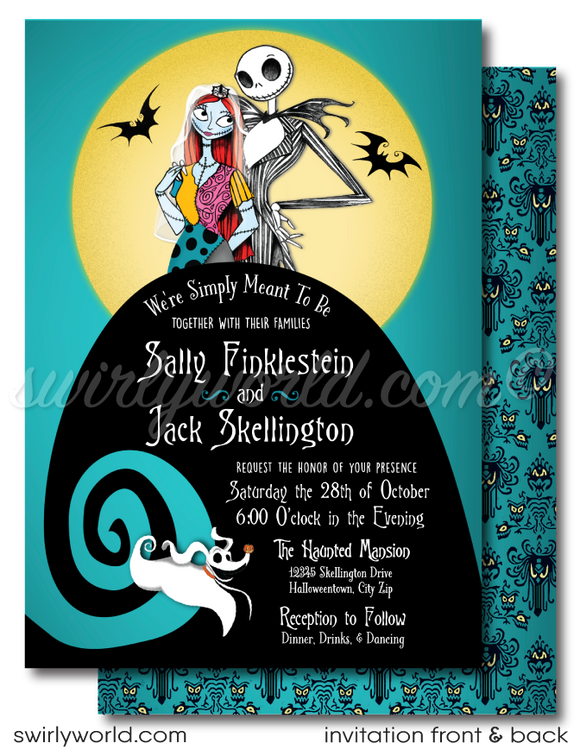 Discover the ultimate Jack and Sally Skellington Nightmare Before Christmas Wedding Invitations and RSVP cards at Swirly World Designs! Embrace the gothic elegance of Jack and Sally's union with these NBC-themed wedding invites. Say 'I do' to your dream Nightmare Before Christmas wedding invite design. 
