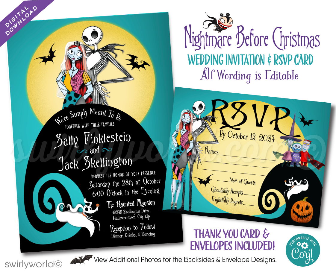 Discover the ultimate Jack and Sally Skellington Nightmare Before Christmas Wedding Invitations and RSVP cards at Swirly World Designs! Embrace the gothic elegance of Jack and Sally's union with these NBC-themed wedding invites. Say 'I do' to your dream Nightmare Before Christmas wedding invite design. 