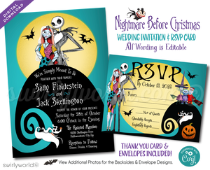 Discover the ultimate Jack and Sally Skellington Nightmare Before Christmas Wedding Invitations and RSVP cards at Swirly World Designs! Embrace the gothic elegance of Jack and Sally's union with these NBC-themed wedding invites. Say 'I do' to your dream Nightmare Before Christmas wedding invite design. 