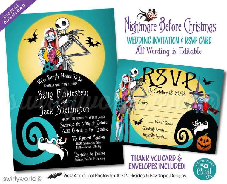 Discover the ultimate Jack and Sally Skellington Nightmare Before Christmas Wedding Invitations and RSVP cards at Swirly World Designs! Embrace the gothic elegance of Jack and Sally's union with these NBC-themed wedding invites. Say 'I do' to your dream Nightmare Before Christmas wedding invite design. 