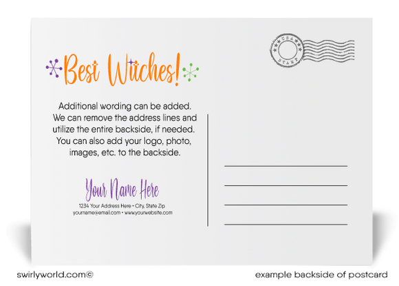 retro modern, cute, non-scary corporate company business Halloween Postcards. Black cat witch printed postcards for halloween