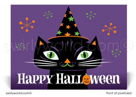 retro modern, cute, non-scary corporate company business Halloween Postcards. Black cat witch printed postcards for halloween