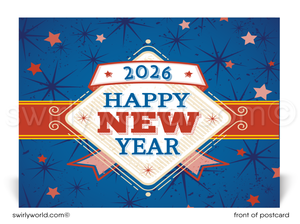 Happy New Year 2026 card with decorative elements on a blue background