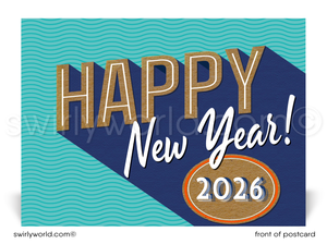 New Year's postcard with 'Happy New Year 2026' text on a blue and teal background