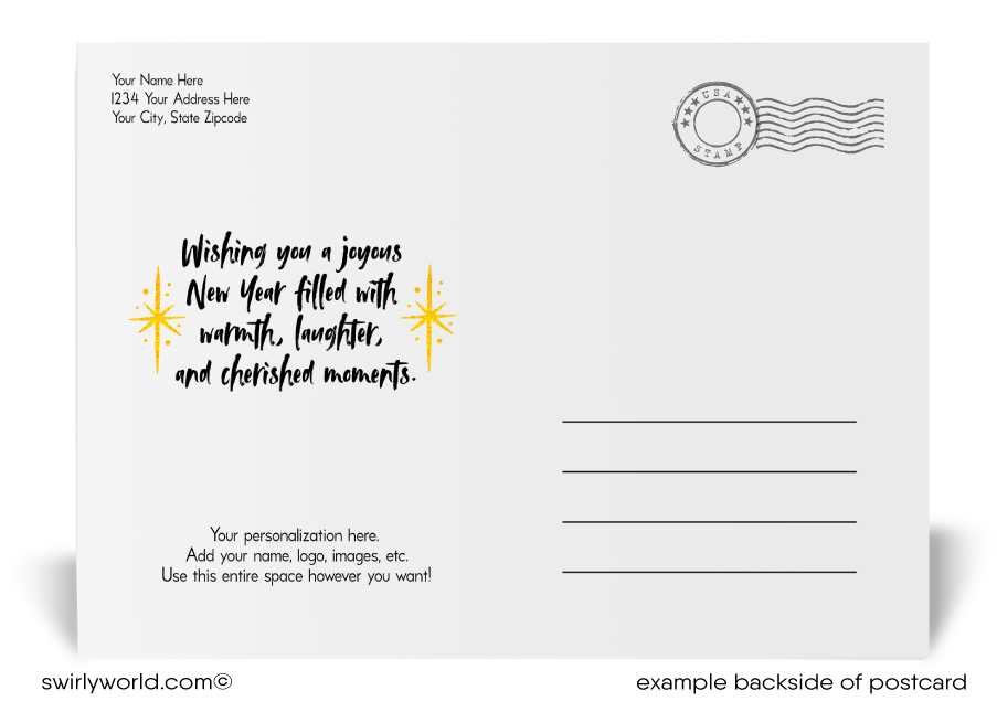 Ring in the New Year with style! Our exclusive postcards feature glowing gold stars, bold "Happy New Year" typography, and a striking black backdrop.