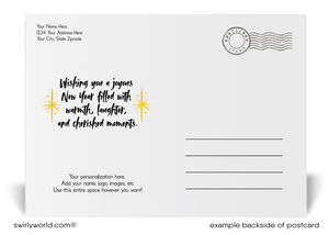 Exclusive Happy New Year Postcards with Glowing Gold Stars, Bold Typography, and Dramatic Black Backdrop