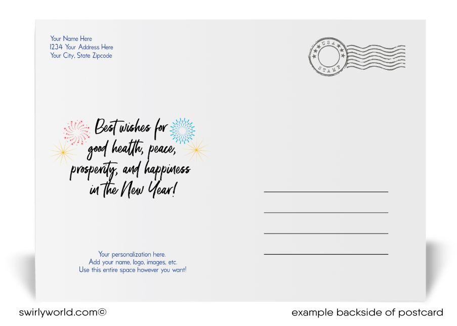 Exclusive Happy New Year Postcards with Festive Snowman, Fireworks, Retro Typography, and Bold Black Backdrop
