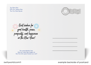 Exclusive Happy New Year Postcards with Festive Snowman, Fireworks, Retro Typography, and Bold Black Backdrop