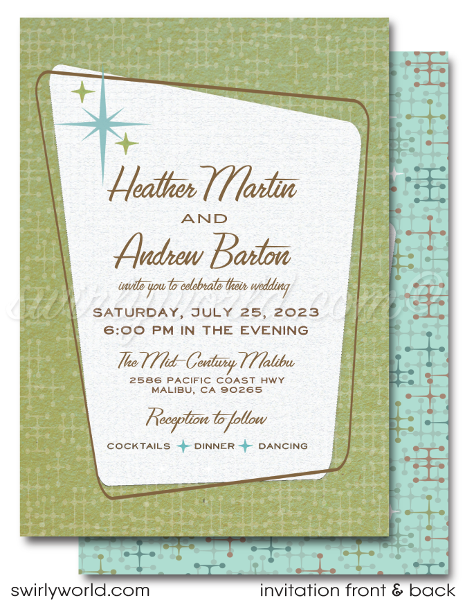 This elegant and swanky 1960s mid-century modern wedding invitation and RSVP card digital download features a chic Palm Springs MCM aesthetic with atomic-inspired starbursts.