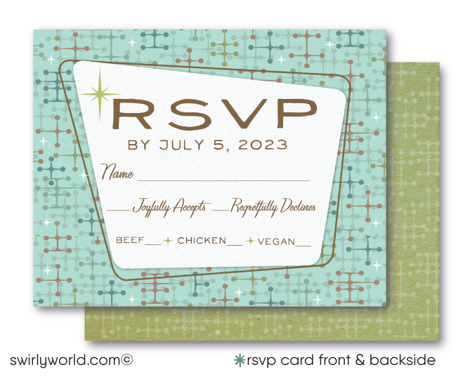 This elegant and swanky 1960s mid-century modern wedding invitation and RSVP card digital download features a chic Palm Springs MCM aesthetic with atomic-inspired starbursts.